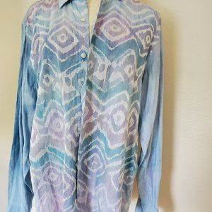 Michael Kors linen Shirt painted dyed pink blue purple medium large embroidered
